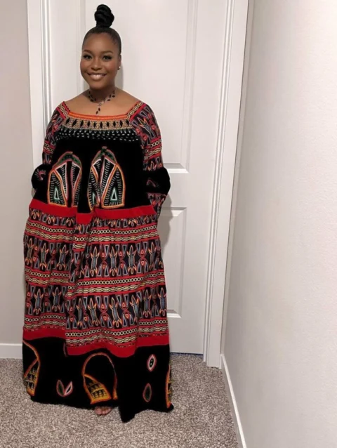 Cameroon women’s Toghu dress with red, green, yellow, and black embroidery – African cultural attire