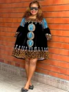 Cameroon women’s black velvet dress with blue, orange, and white embroidery – African cultural attire