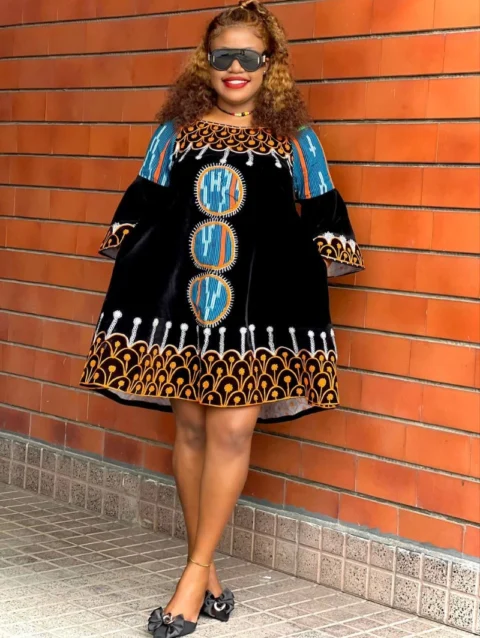 Cameroon women’s black velvet dress with blue, orange, and white embroidery – African cultural attire