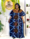 Cameroon women’s dark blue dress with circular embroidery and multicolor neckline – African cultural attire