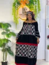 Cameroon women’s black dress with white and red geometric embroidery – African cultural attire