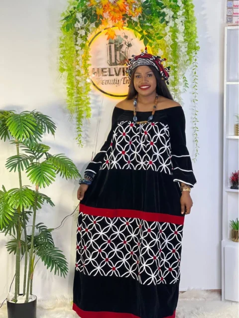 Cameroon women’s black dress with white and red geometric embroidery – African cultural attire