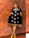 Cameroon women’s black dress with red, white, and blue embroidery – African cultural attire